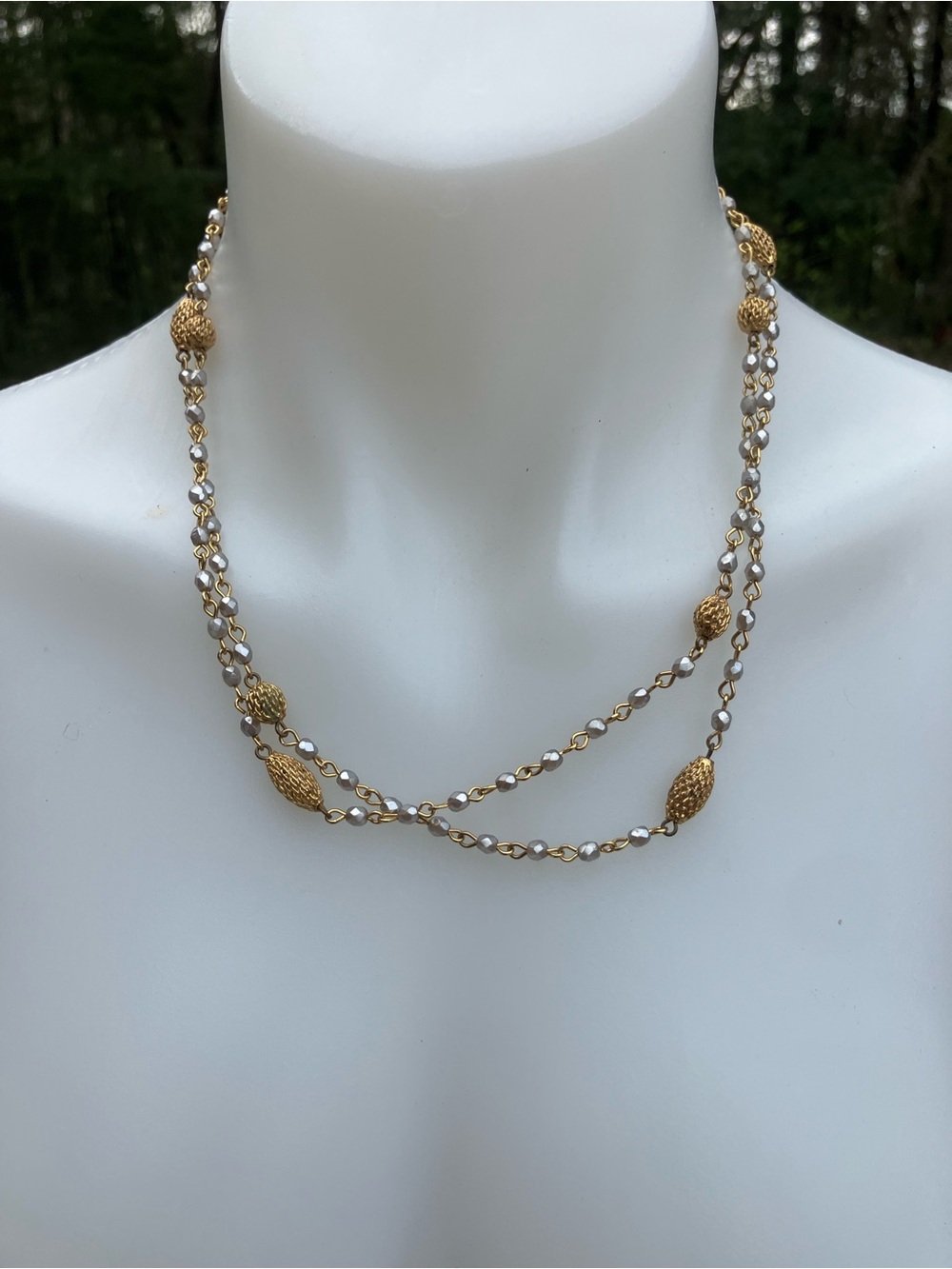 Seasonal Whispers pine cone gold tone link necklace with silver faceted beads